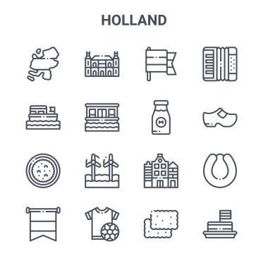 16 Holland konsept vektör çizgisi simgesi. 64x64 Rijksmuseum, boat, clogs, holland, tshirt, tompouce, speculoos, milk, akordeon gibi ince vuruş simgeleri
