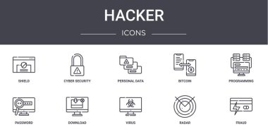 Hacker konsept çizgisi simgeleri ayarlandı. Web, logo, ui / ux, siber güvenlik, bitcoin, parola, virüs, radar, dolandırıcılık, programlama, kişisel veri gibi simgeler içerir