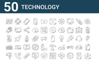 50 teknoloji ikonu. İletişim, kalibre, klavye, woofer, robotik el, işlemci, pil gibi ince çizgi simgeleri