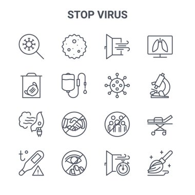 16 dur virüs konsepti vektör çizgisi simgesi seti. 64x64 mikrop, tıbbi maske, mikroskop, toplama, göz, pencere, virüs, akciğer gibi ince vuruş simgeleri