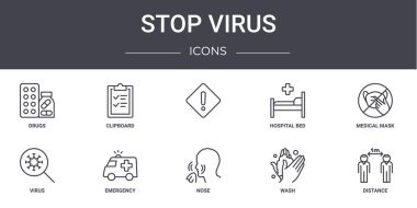 Virüs konsept çizgisi simgelerini durdur. Web, logo, ui / ux, pano, hastane yatağı, virüs, burun, yıkama, mesafe, tıbbi maske gibi simgeler içerir,
