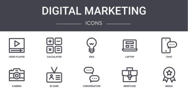 Dijital pazarlama konsept çizgisi simgeleri ayarlandı. Web, logo, ui / ux, hesap makinesi, laptop, kamera, konuşma, evrak çantası, madalya, sohbet, fikir gibi simgeler içerir