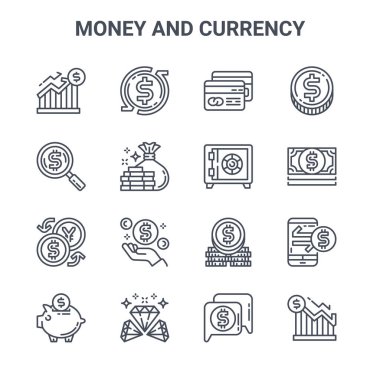 16 para ve döviz konsepti vektör çizgisi simgelerinden oluşan bir set. 64x64 İnce vuruş simgeleri: ciro, arama, dolar banknotları, bozuk para yığını, elmaslar, grafik, para konuşması, kasa, dolar para kutusu