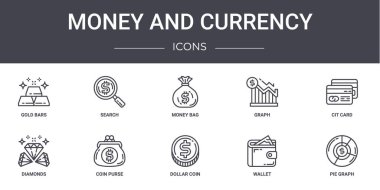 Para ve para birimi konsept çizgisi simgeleri ayarlandı. Web, logo, ui / ux, arama, grafik, elmas, dolar parası, cüzdan, pasta grafiği, cit kartı, para çantası gibi simgeler içerir