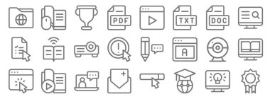 çevrimiçi öğrenme satırı simgeleri. Doğrusal küme. Madalya, mezuniyet, puan, imleç, webcam, projektör, arama, yayınlama, çevrimiçi öğrenme gibi kalite vektör dizileri