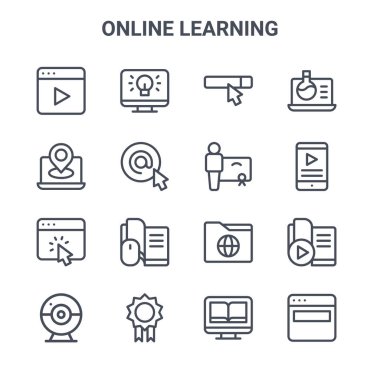 16 çevrimiçi öğrenme konsepti vektör çizgisi simgesi kümesi. Bilgisayar, konum, akıllı telefon, klasör, madalya, web sitesi, kitap, sertifika, kimya gibi 64x64 ince vuruş simgeleri