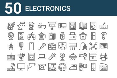 50 elektronik simge seti. radyo, modem, piyano klavyesi, fare, webcam, masa lambası, tablet gibi ince çizgi simgeleri