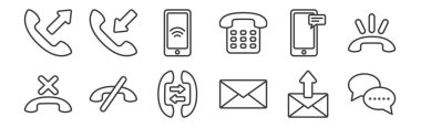 12 tane doğrusal iletişim simgesi. Kabarcık sohbeti, e- posta, iletişim, akıllı telefon, akıllı telefon, ağ iletişimi, cep telefonu gibi ince taslak simgeleri