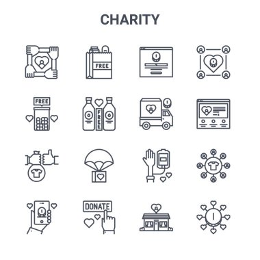 16 tane hayır kurumu konsepti vektör çizgisi simgesi. 64x64 Yardım, hap, yardım, kan bağışı gibi ince vuruş simgeleri,