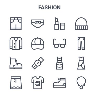 16 moda konsept vektör çizgisi simgesi. İç çamaşırı, hırka, kot pantolon, elbise, tişört, kolye, spor ayakkabı, gözlük, bere gibi ince vuruş simgeleri
