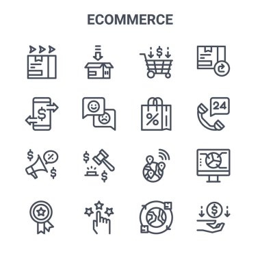 16 ekommerce konsept vektör çizgisi simgesi kümesi. 64x64 İnce vuruş simgeleri, paketleme, işlem, saatler, dünya çapında, derecelendirme, nakit, dünya çapında nakliye, alışveriş çantası, iade kutusu gibi