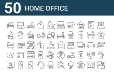 50 ofis simgesi seti. Masa başı, video çağrısı, para, banyo, çalışma, dizüstü bilgisayar, garaj, televizyon, ağ kurulumu, kravat gibi ince çizgi simgeleri