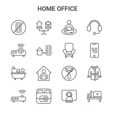 16 ana ofis konsept vektör çizgisi simgesi. 64x64 denge, projektör, telefon, kravat, kahvaltı, laptop, video çağrısı, koltuk, kulaklık gibi ince vuruş simgeleri