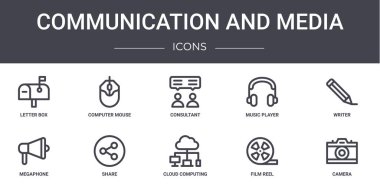 İletişim ve medya konsept çizgisi simgeleri ayarlandı. Web, logo, ui / ux, bilgisayar faresi, müzik çalar, megafon, bulut hesaplama, film makarası, kamera, yazar, danışman gibi simgeler içerir