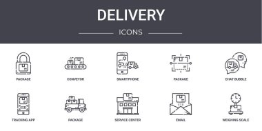 Dağıtım konsepti simgeleri ayarlandı. Web, logo, taşıyıcı, paket, izleme uygulaması, servis merkezi, e-posta, tartı, sohbet balonu, akıllı telefon gibi simgeler içerir