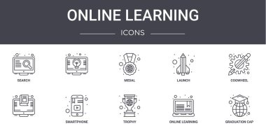 online learning concept line icons set. contains icons usable for web, logo, ui/ux such as , launch, trophy, online learning, graduation cap, cogwheel, clipart
