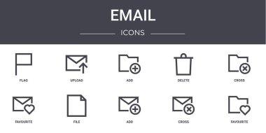 E- posta konsepti simgeleri ayarlandı. Web, logo, ui / ux gibi gönderme, silme, favori, ekleme, çapraz, favori, çapraz, ekleme gibi simgeler içerir