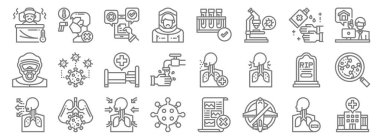 Koronavirüs çizgisi simgeleri. Doğrusal küme. Hastane, uçuş yok, koronavirüs, öksürük, huzur içinde yat, hastane yatağı, evde çalış, test tüpü, enfeksiyon.