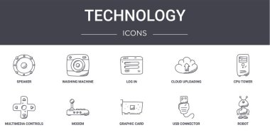 Teknoloji konsepti simgeleri ayarlandı. ağ, logo, çamaşır makinesi, bulut yükleme, multimedya kontrolleri, grafik kartı, usb konnektörü, robot, Cpu kulesi, giriş gibi simgeler içerir