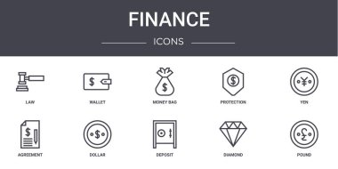 Finans konsepti simgeleri ayarlandı. Web, logo, ui / ux, cüzdan, koruma, anlaşma, depozito, elmas, pound, yen, para çantası gibi simgeler içerir