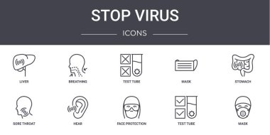 Virüs konsept çizgisi simgelerini durdur. Ağ, logo, nefes alma, maske, boğaz ağrısı, yüz koruması, test tüpü, maske, mide, test tüpü gibi simgeler içerir