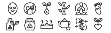 12 set doğrusal alternatif tıp ikonu. Alternatif tıp, çaydanlık, bal, yoga, şifalı ot, internet için yiyecek yok, mobil