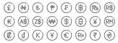 Döviz çizgisi simgeleri. Doğrusal küme. Hryvnia, Endonezya Rupiah, Japon yen, kolon, Çin yuanı, dolar, Brezilya gerçeği, İsviçre frangı, naira
