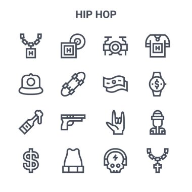 16 hip hop konsept vektör çizgisi simgesi. 64x64 İnce vuruş simgeleri lp, rap, kol saati, el, bere, kolye, kafatası, para, tişört gibi