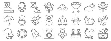 Bahar çizgisi simgeleri. Doğrusal küme. Yemek sepeti, çiçekler, takvim, mantar, salyangoz, uğur böceği, yusufçuk, solucan, lale gibi kalite vektör dizileri