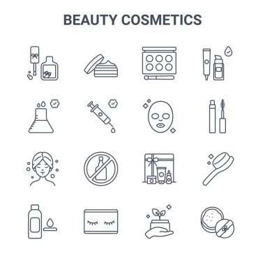 16 güzellik kozmetik konsept vektör çizgisi simgesi. Cilt bakımı, medikal, rimel, kozmetik, kirpik, toz, organik ürün, yüz maskesi, fondöten gibi 64x64 ince vuruş simgeleri