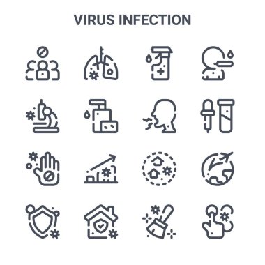 16 virüs enfeksiyonu konsept vektör çizgisi simgesi. 64x64 pnömoni, araştırma, aşı, izolasyon, evde kalmak, vites, temizlik, öksürük, ateş gibi ince vuruş simgeleri
