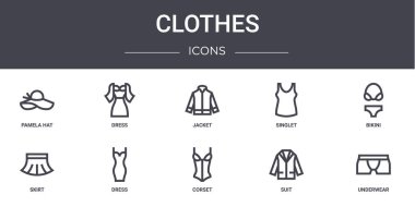 Kıyafet konsepti simgeleri ayarlandı. Web, logo, elbise, atlet, etek, korse, iç çamaşırı, bikini, ceket gibi simgeler içerir