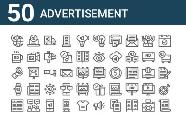50 reklam ikonu seti. harf, web sitesi, smartwatch, değer, ticaret, dijital pazarlama, blog gibi ince satır simgeleri
