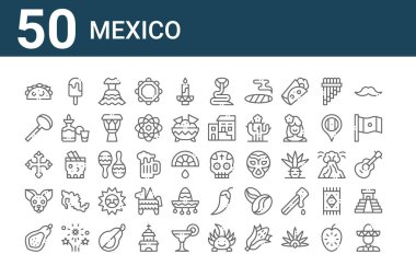 50 Meksika ikonu seti. Mariachi, papaya, chihuahua, cross, coa de jima, ice pop, Mexico gibi ince çizgi simgeleri