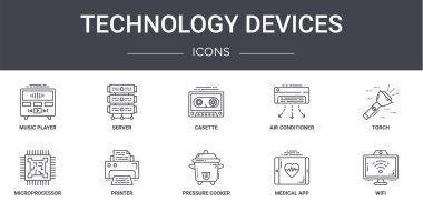 Teknoloji cihazları konsept çizgi simgeleri ayarlandı. Web, logo, sunucu, klima, mikroişlemci, düdüklü tencere, tıbbi uygulama, wifi, meşale, casette gibi simgeler içerir