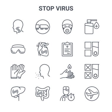 16 dur virüs konsepti vektör çizgisi simgesi seti. 64x64 Demiryolu, gözlük, test tüpü, antiseptik, mide, uçak, doktor, reçete, dezenfektan gibi ince vuruş simgeleri