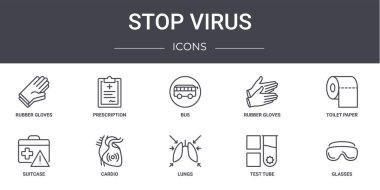 Virüs konsept çizgisi simgelerini durdur. Web, logo, reçete, lastik eldiven, bavul, akciğer, test tüpü, gözlük, tuvalet kağıdı, otobüs gibi simgeler içerir