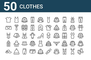 50 giysi ikonu. Çorap, pamela şapkası, yelek, korse, iç çamaşırı, atlet, bikini, elbise, oyuncak bebek, ceket gibi ince çizgi simgeleri