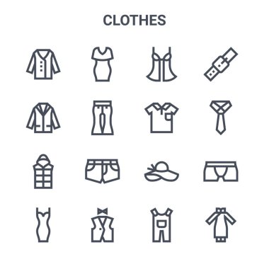 16 giysi konsept vektör çizgisi simgesi. 64x64 İnce vuruş simgeleri elbise, takım elbise, kravat, pamela şapka, yelek, Çin elbisesi, polo gömlek, kemer