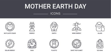 Toprak Ana Günü konsept çizgisi simgeleri ayarlandı. Ağ, logo, enerji, rüzgar enerjisi, güneş enerjisi, plastik, gezegeni kurtarma, eko torba, cam, toprak gibi simgeler içerir