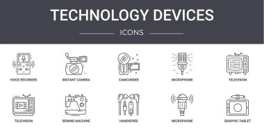 Teknoloji cihazları konsept çizgi simgeleri ayarlandı. Web, logo, ui / ux, hazır kamera, mikrofon, televizyon, elverişsiz mikrofon, grafik tablet, televizyon, kamera gibi simgeler içerir