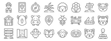 orman çizgisi simgeleri. Doğrusal küme. Yılan, tembel hayvan, kelebek, İsviçre bıçağı, su aygırı, panda, kirpi, akıllı telefon gibi kalite vektör dizileri
