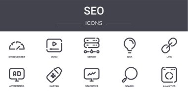seo konsept çizgi simgeleri ayarlandı. Web, logo, ui / ux, video, fikir, reklam, istatistik, arama, analitik, link, sunucu gibi simgeler içerir