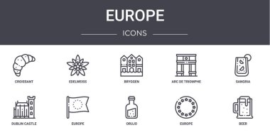 Avrupa konsept çizgisi simgeleri ayarlandı. Web, logo, ui / ux, edelweiss, ark de triomphe, Dublin kalesi, orujo, Avrupa, bira, sangria, bryggen gibi simgeler içerir