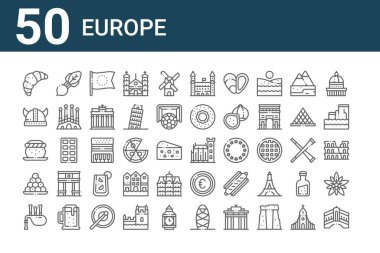 50 Avrupa ikonu seti. Rialto köprüsü, gayda, acı ballen, semla, miğfer, turp, dublin kalesi gibi ince çizgi simgeleri