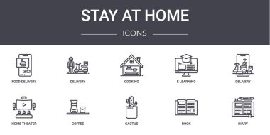 stay at home concept line icons set. contains icons usable for web, logo, ui/ux such as delivery, e learning, home theater, cactus, book, diary, delivery, cooking clipart