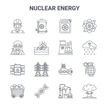 16 adet nükleer enerji konsept vektör çizgisi simgesi. 64x64 Nükleer enerji, bilim adamı, asit yağmuru, denizaltı, DNA, nükleer bomba, laboratuvar, bitki, atom gibi ince vuruş simgeleri