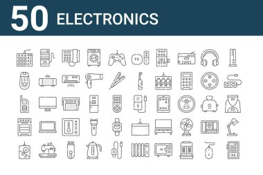50 elektronik simge seti. Kitap, sabit disk, fırın, telsiz, jilet, bilgisayar kulesi, güç bankası, uzaktan kumanda, radyo, grafik tablet gibi ince çizgi simgeleri
