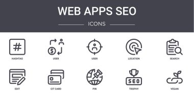 Web uygulamaları seo konsept çizgi simgeleri ayarlandı. Kullanıcı, konum, düzenleme, kupa, vegan, arama, kullanıcı gibi web, logo, ui / ux için kullanılabilir simgeler içerir