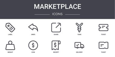 Pazar yeri konsepti simgeleri ayarlandı. Web, logo, ui / ux, geri alma, yuan, ağırlık, makbuz, dağıtım, bilet, bilet, paylaşım gibi simgeler içerir